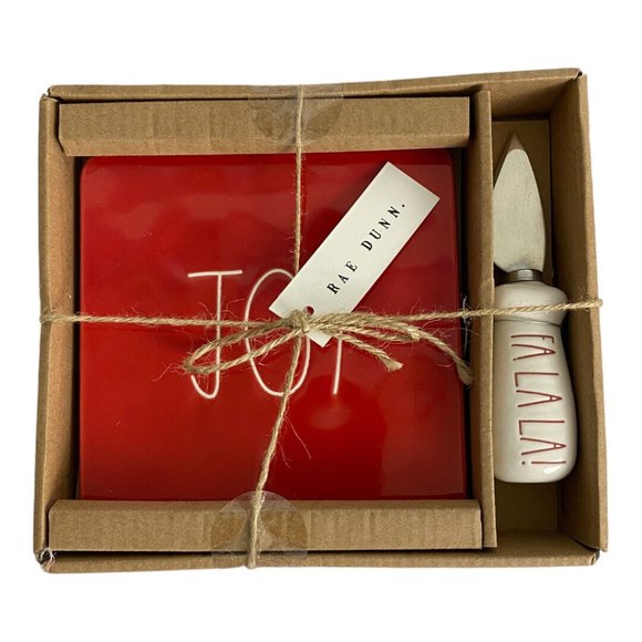 Rae Dunn Christmas Holiday Red Cheese Plate/Knife “JOY ”  Gift Set-HTF NEW - Picture 1 of 5